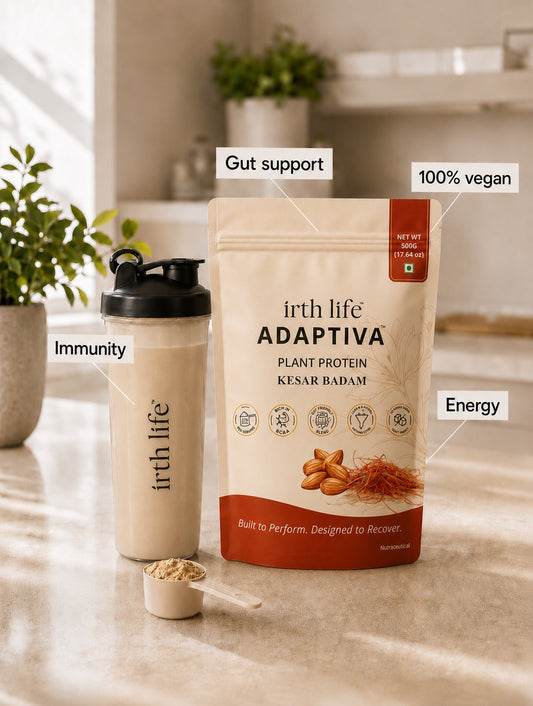 Irthlife Adaptiva Premium Plant Protein Powder | Kesar Badam | Rich & Smooth Gut-Friendly | 27g Protein per Serving with Complete Amino Acid Profile & Added Multivitamins | 100% Dairy Free