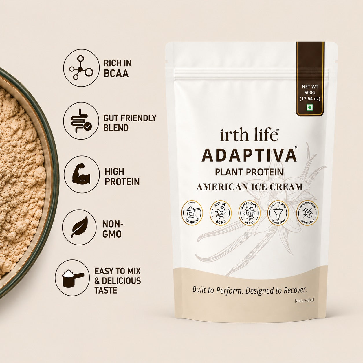Irthlife Adaptiva Premium Plant Protein Powder | American Ice Cream | Rich & Smooth Gut-Friendly | 27g Protein per Serving with Complete Amino Acid Profile & Added Multivitamins | 100% Dairy Free