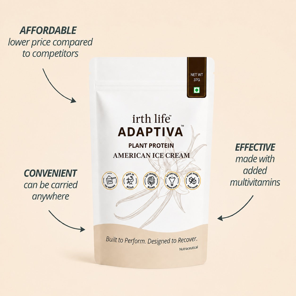 Irthlife Adaptiva Premium Plant Protein Powder Single Pack | American Ice Cream | Rich & Smooth Gut-Friendly | 27g Protein per Serving with Complete Amino Acid Profile & Added Multivitamins | 100% Dairy Free