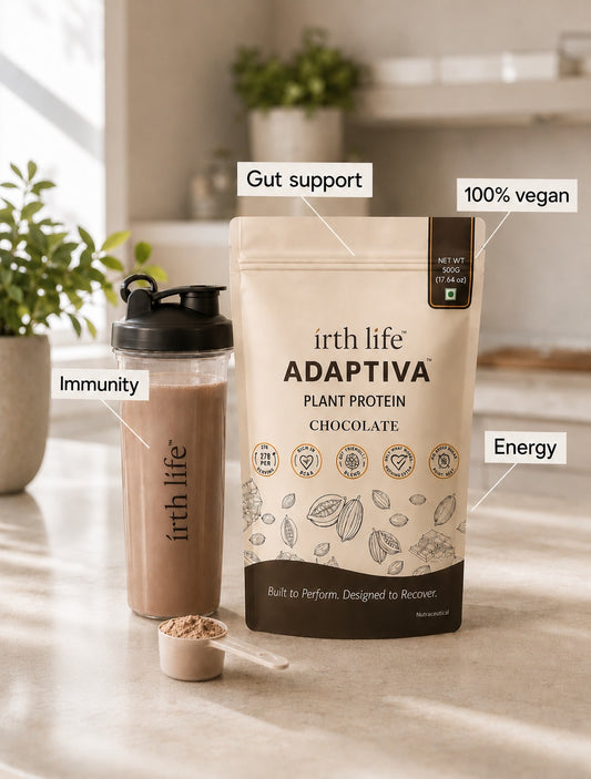 Irthlife Adaptiva Premium Plant Protein Powder | Chocolate | Rich & Smooth Gut-Friendly | 27g Protein per Serving with Complete Amino Acid Profile & Added Multivitamins | 100% Dairy Free