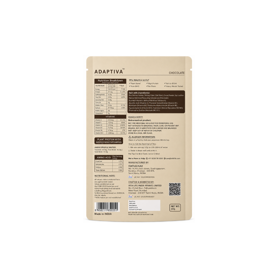 Irthlife Adaptiva Plant Protein Single Serve Pack with 27g Protein