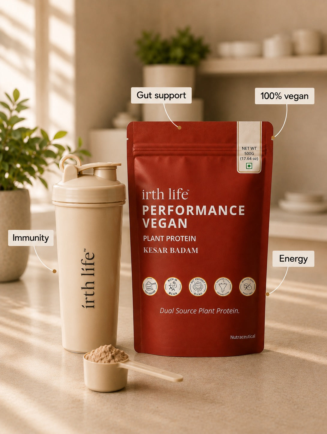 Irthlife Performance Vegan Premium Plant Protein Powder | Kesar Badam | 31.2g Protein per Serving, Complete Amino Acid Profile & Added Multivitamins | 100% Dairy-Free