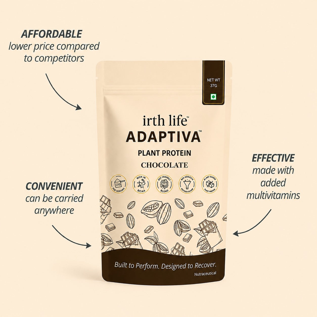 Irthlife Adaptiva Premium Plant Protein Powder Single Pack | Chocolate | Rich & Smooth Gut-Friendly | 27g Protein per Serving with Complete Amino Acid Profile & Added Multivitamins | 100% Dairy Free