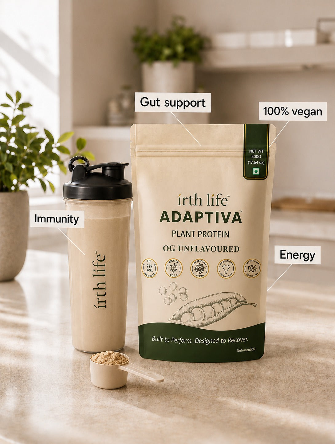 Irthlife Adaptiva Premium Plant Protein Powder | OG Unflavoured | Rich & Smooth Gut-Friendly | 27g Protein per Serving with Complete Amino Acid Profile & Added Multivitamins | 100% Dairy Free