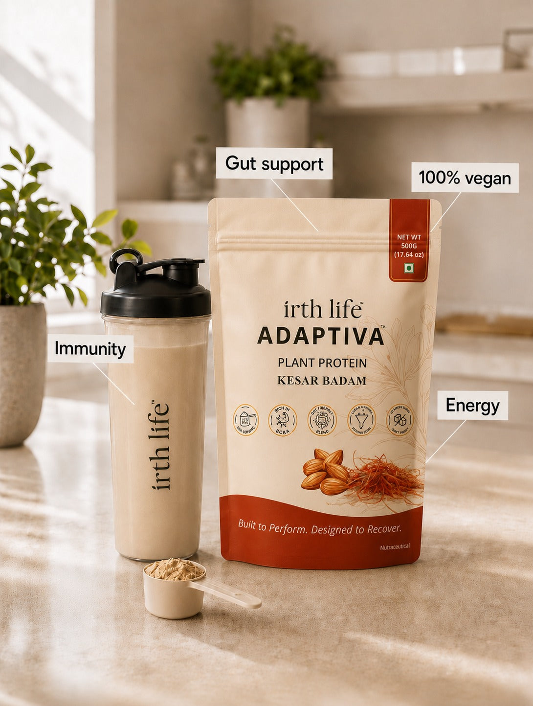 Irthlife Adaptiva Premium Plant Protein Powder | Kesar Badam | Rich & Smooth Gut-Friendly | 27g Protein per Serving with Complete Amino Acid Profile & Added Multivitamins | 100% Dairy Free