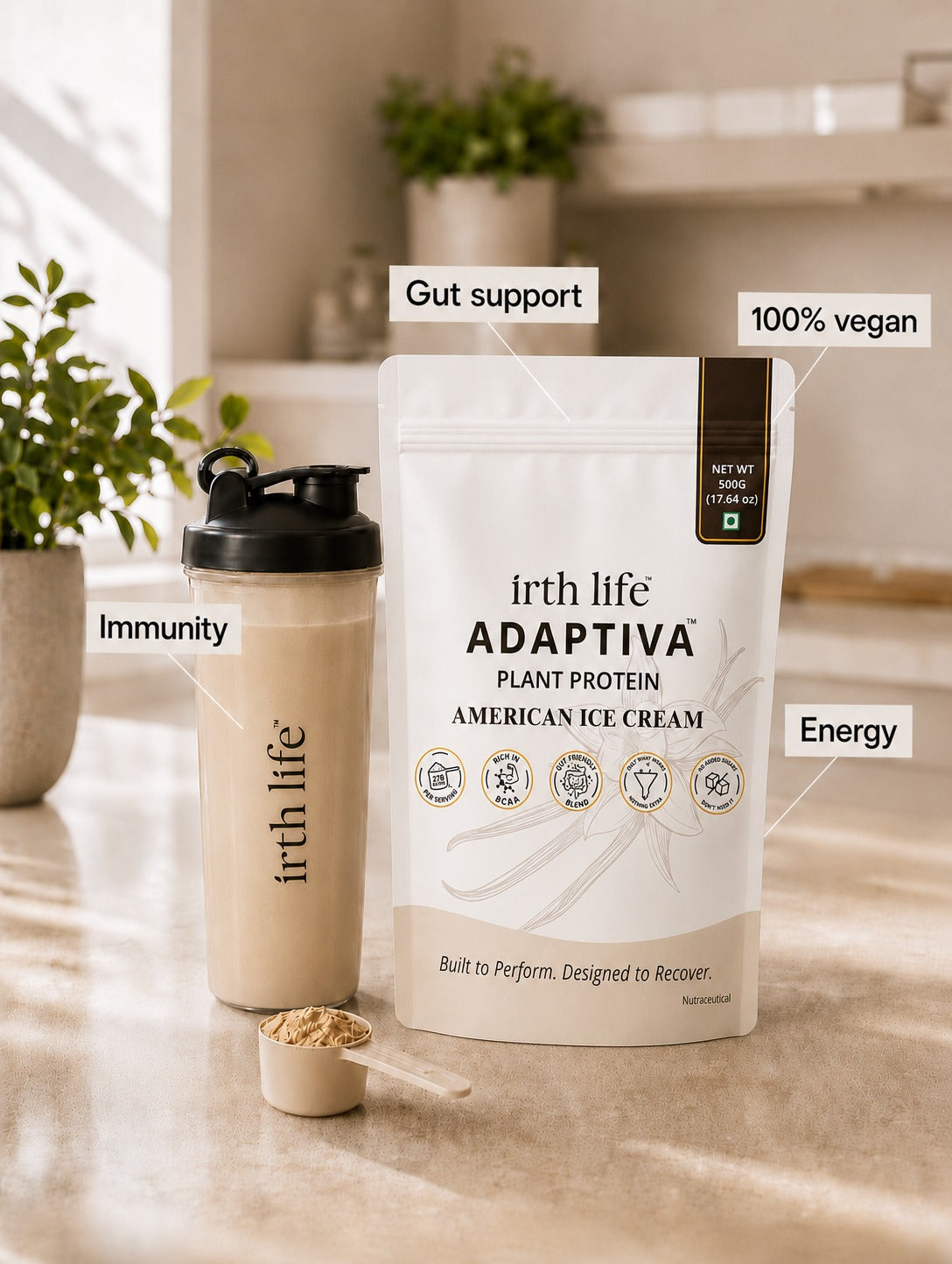 Irthlife Adaptiva Premium Plant Protein Powder | American Ice Cream | Rich & Smooth Gut-Friendly | 27g Protein per Serving with Complete Amino Acid Profile & Added Multivitamins | 100% Dairy Free