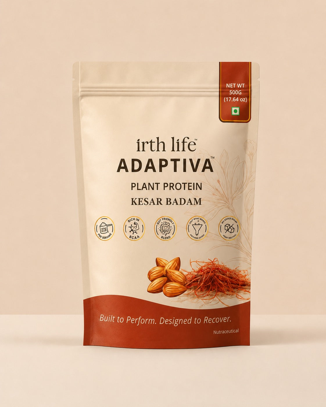 Irthlife Adaptiva Premium Plant Protein Powder | Kesar Badam | Rich & Smooth Gut-Friendly | 27g Protein per Serving with Complete Amino Acid Profile & Added Multivitamins | 100% Dairy Free
