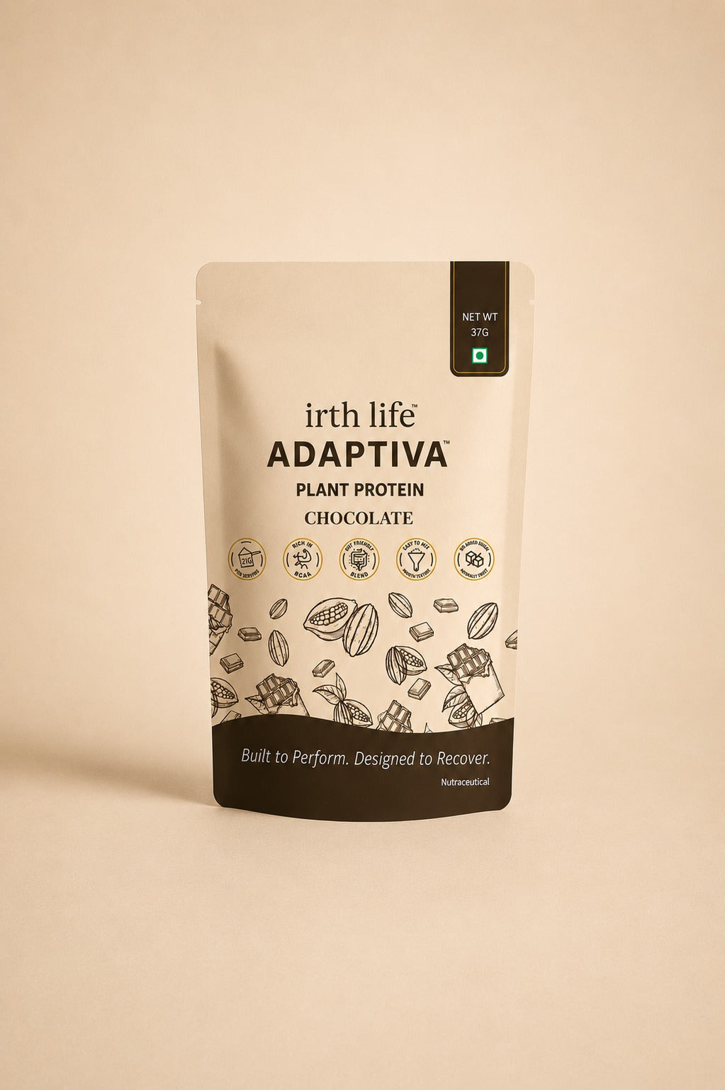 Irthlife Adaptiva Premium Plant Protein Powder Single Pack | Chocolate | Rich & Smooth Gut-Friendly | 27g Protein per Serving with Complete Amino Acid Profile & Added Multivitamins | 100% Dairy Free