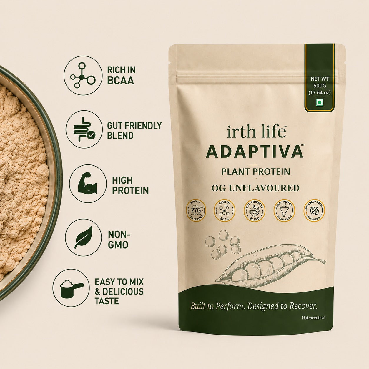 Irthlife Adaptiva Premium Plant Protein Powder | OG Unflavoured | Rich & Smooth Gut-Friendly | 27g Protein per Serving with Complete Amino Acid Profile & Added Multivitamins | 100% Dairy Free