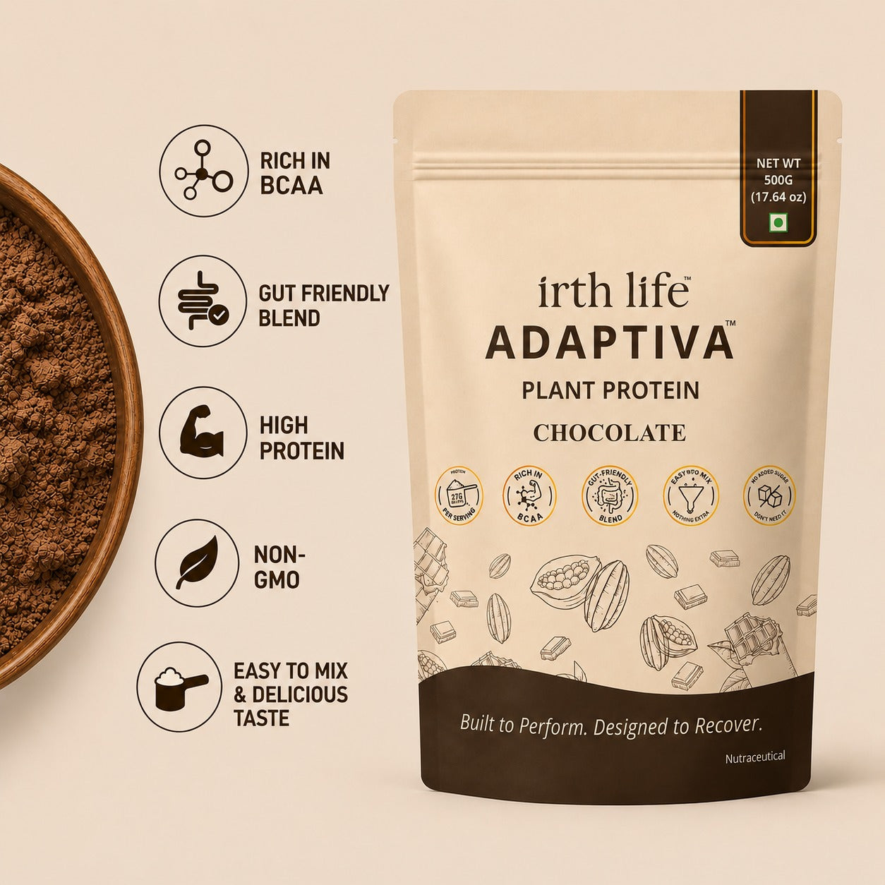 Irthlife Adaptiva Premium Plant Protein Powder | Chocolate | Rich & Smooth Gut-Friendly | 27g Protein per Serving with Complete Amino Acid Profile & Added Multivitamins | 100% Dairy Free