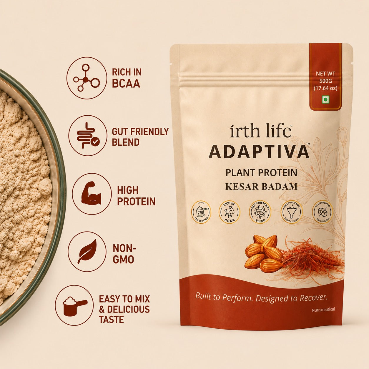 Irthlife Adaptiva Premium Plant Protein Powder | Kesar Badam | Rich & Smooth Gut-Friendly | 27g Protein per Serving with Complete Amino Acid Profile & Added Multivitamins | 100% Dairy Free