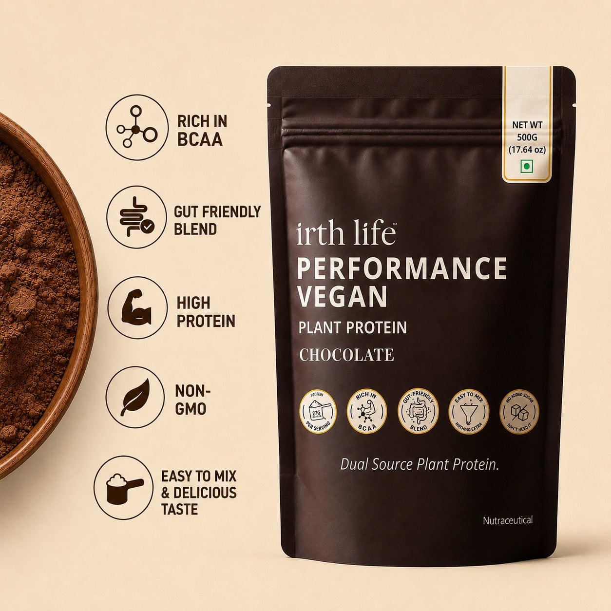 Irthlife Performance Vegan Premium Plant Protein Powder | Chocolate | 31.2g Protein per Serving, Complete Amino Acid Profile & Added Multivitamins | 100% Dairy-Free