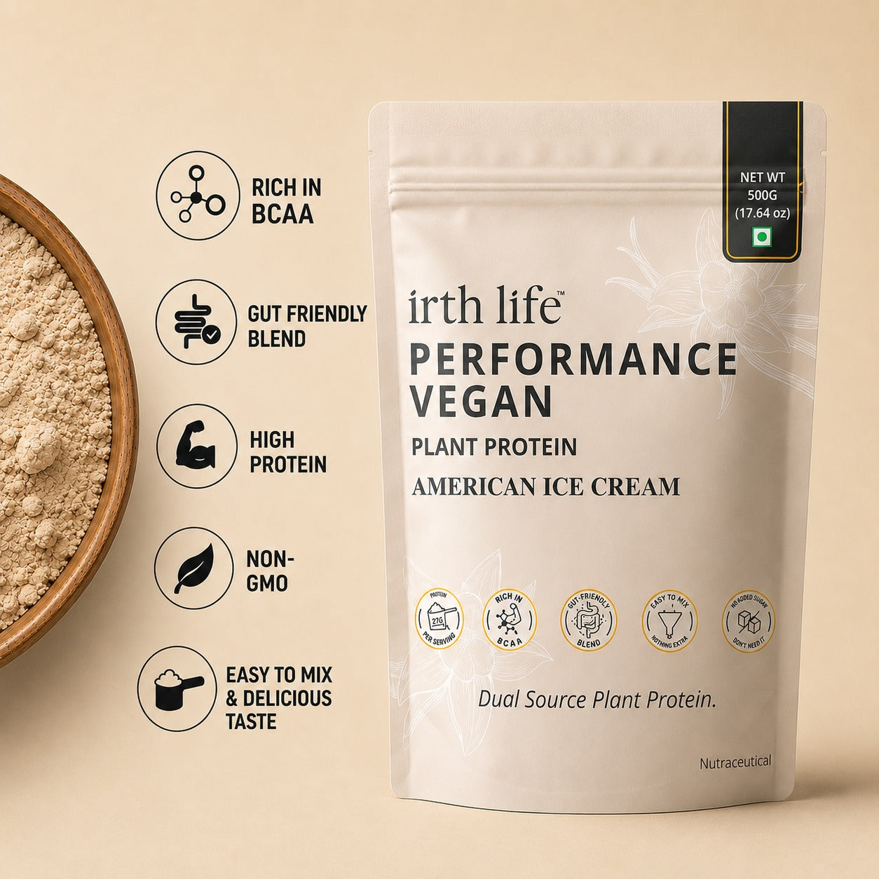 Irthlife Performance Vegan Premium Plant Protein Powder Single Pack | American Ice Cream | 31.2g Protein per Serving, Complete Amino Acid Profile & Added Multivitamins  | 100% Dairy-Free