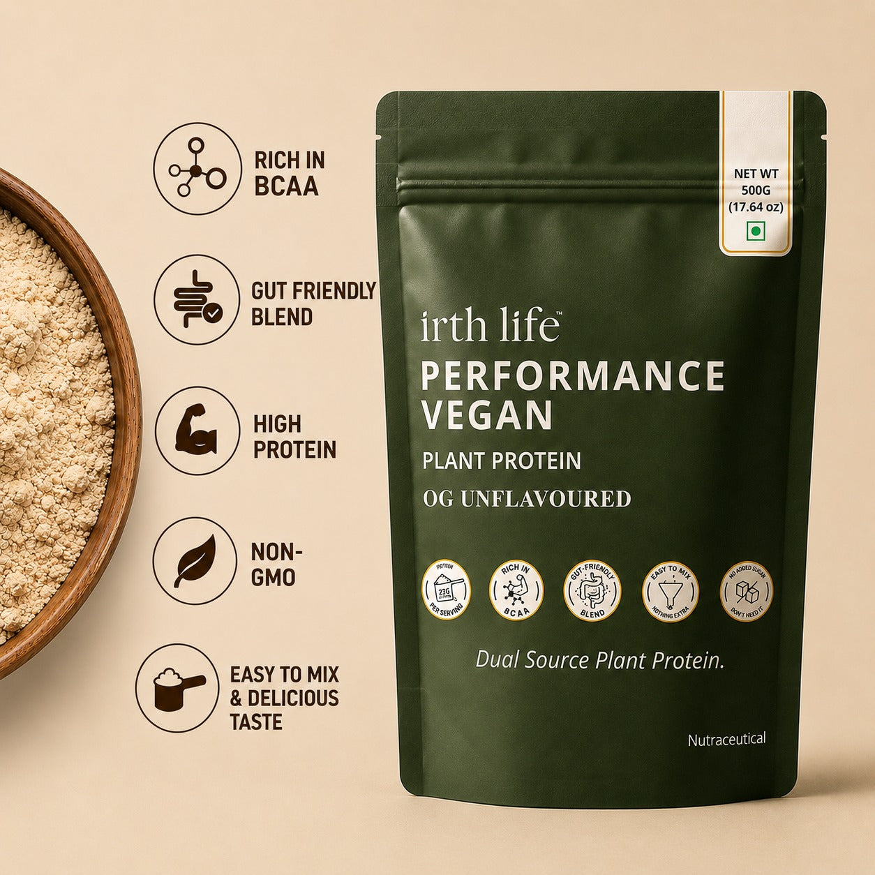 Irthlife Performance Vegan Premium Plant Protein Powder | OG Unflavoured | Gut-Friendly Advanced Plant Formula with 31.2g Protein per Serving, Complete Amino Acid Profile & Added Multivitamins | 100% Dairy-Free