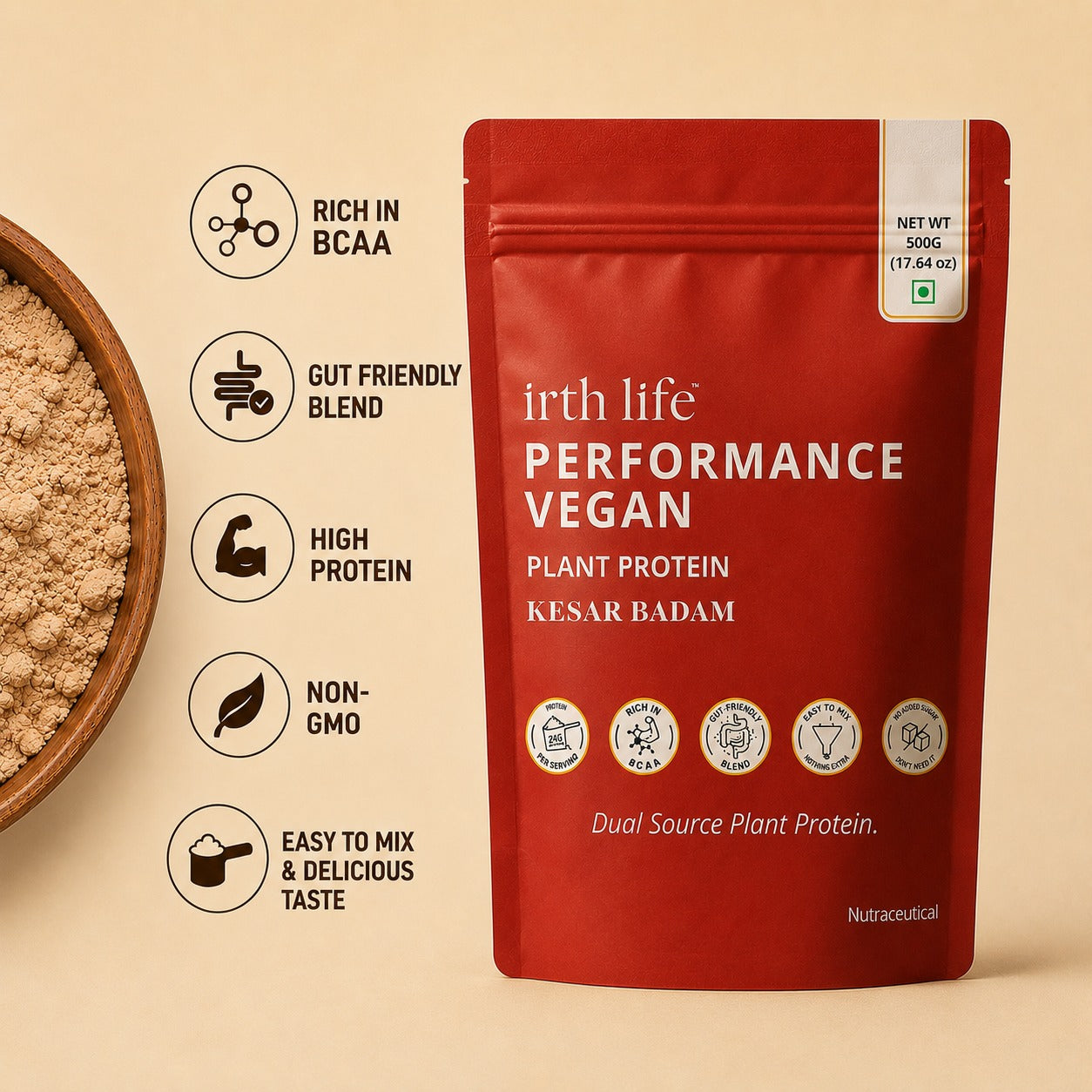 Irthlife Performance Vegan Premium Plant Protein Powder | Kesar Badam | 31.2g Protein per Serving, Complete Amino Acid Profile & Added Multivitamins | 100% Dairy-Free