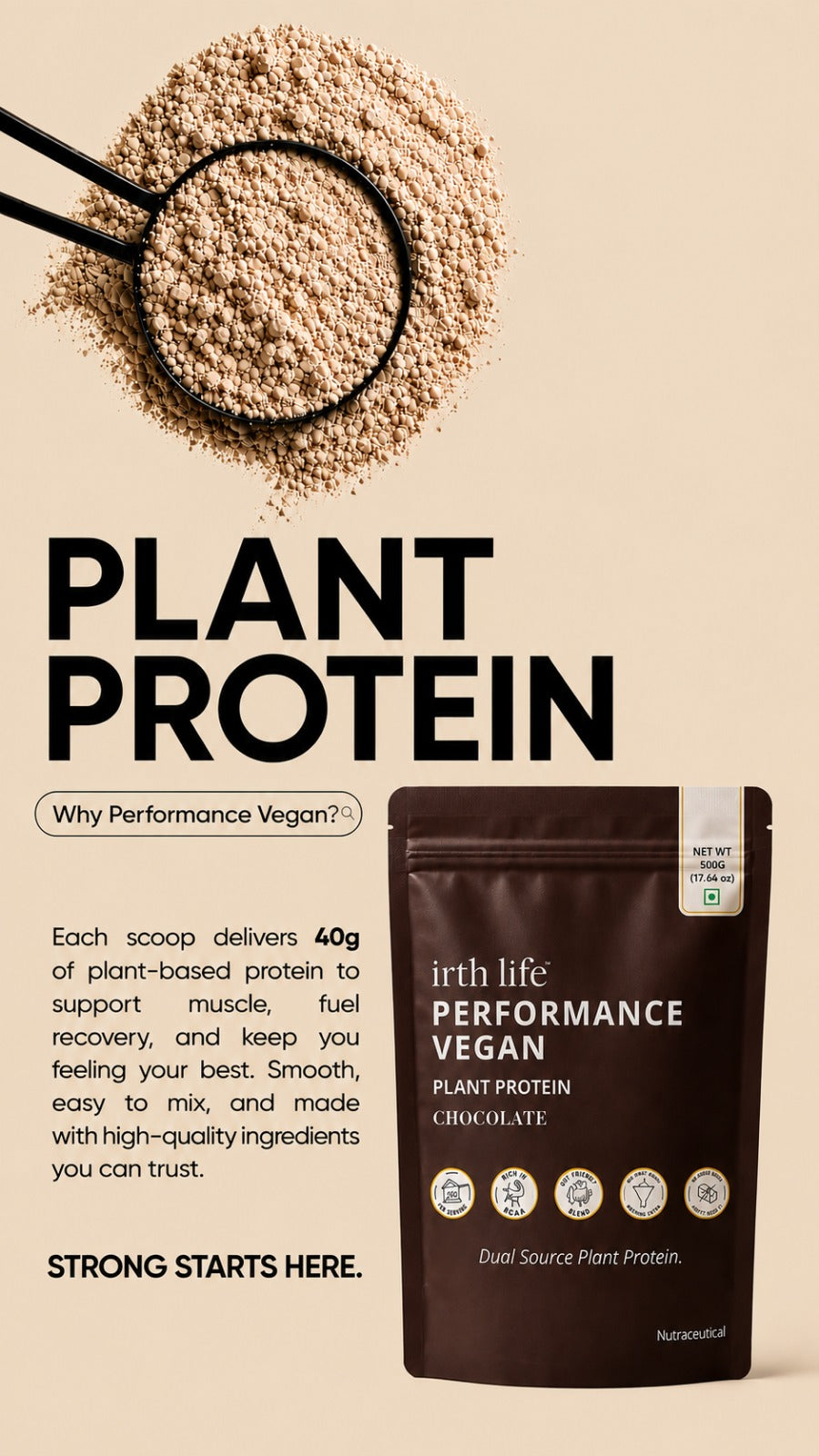 Irthlife Performance Vegan Premium Plant Protein Powder | Chocolate | 31.2g Protein per Serving, Complete Amino Acid Profile & Added Multivitamins | 100% Dairy-Free