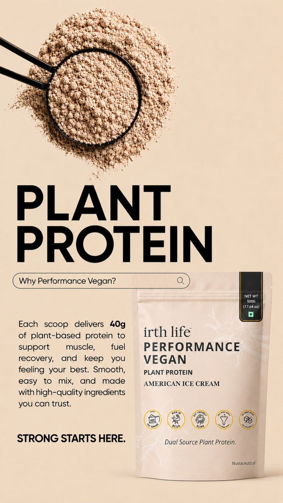 Irthlife Performance Vegan Premium Plant Protein Powder Single Pack | American Ice Cream | 31.2g Protein per Serving, Complete Amino Acid Profile & Added Multivitamins  | 100% Dairy-Free