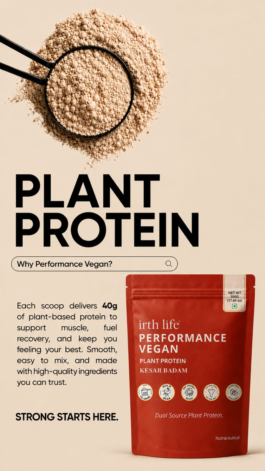 Irthlife Performance Vegan Premium Plant Protein Powder | Kesar Badam | 31.2g Protein per Serving, Complete Amino Acid Profile & Added Multivitamins | 100% Dairy-Free