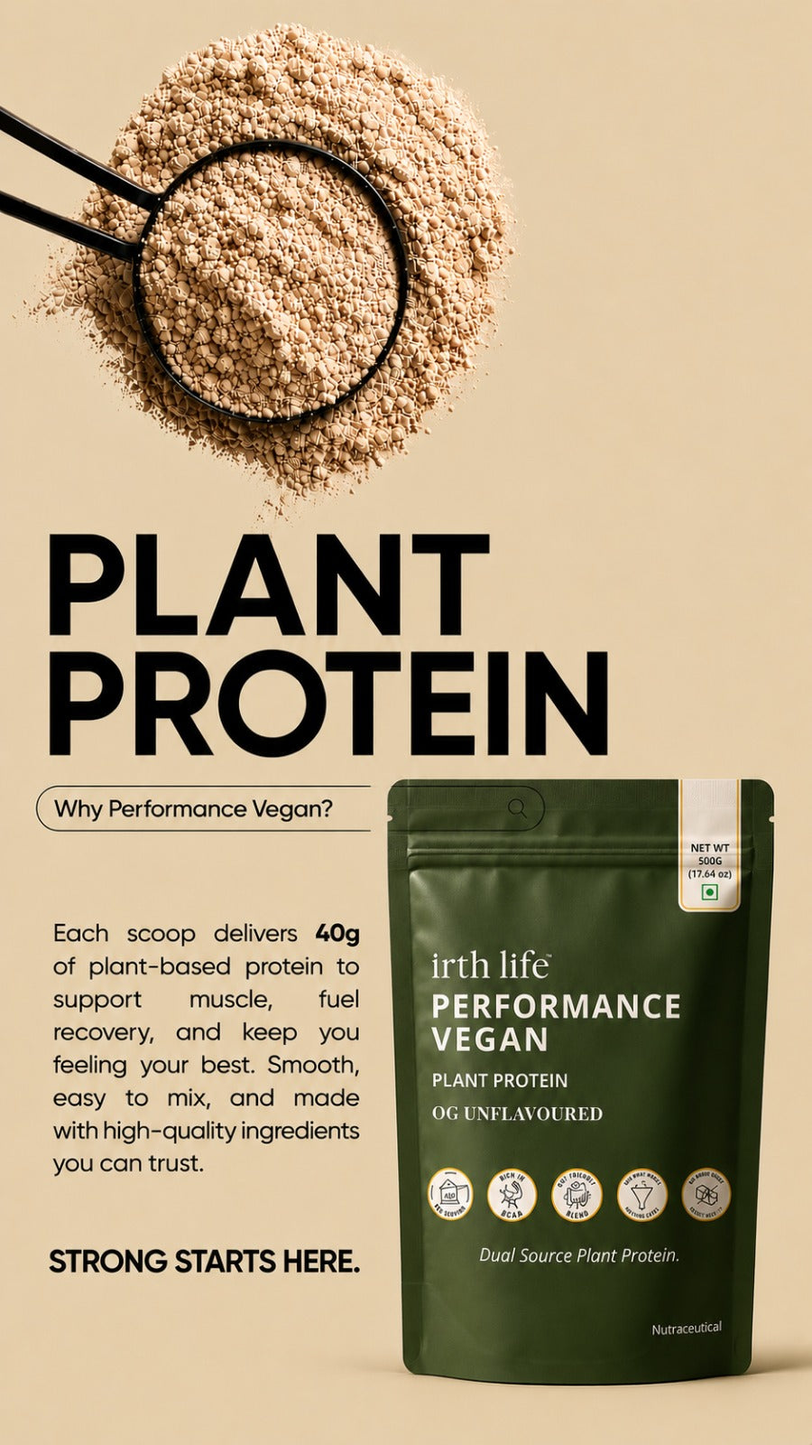 Irthlife Performance Vegan Premium Plant Protein Powder | OG Unflavoured | Gut-Friendly Advanced Plant Formula with 31.2g Protein per Serving, Complete Amino Acid Profile & Added Multivitamins | 100% Dairy-Free